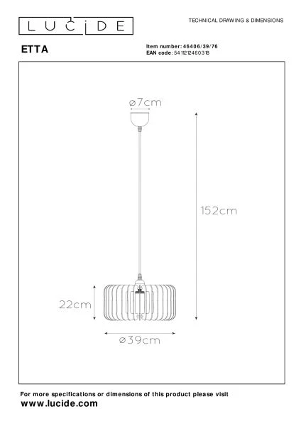 Lucide ETTA - Pendelleuchten - Ø 39 cm - 1xE27 - Natürlich - TECHNISCH